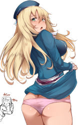 Rule 34 | 10s, 1girl, ass, atago (kancolle), beret, blonde hair, breasts, butt crack, cellphone, clothes lift, dress, dress lift, from behind, green eyes, hair between eyes, hat, highres, kantai collection, large breasts, lifting own clothes, lips, long hair, military, military uniform, moruta (sunu-pio), open mouth, phone, skindentation, solo, thighs, tongue, uniform