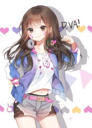 Rule 34 | 1girl, breasts, brown eyes, brown hair, casual, character name, charm (object), clenched hand, cowboy shot, d.va (overwatch), facial mark, hand in pocket, headphones, headphones around neck, heart, hood, hoodie, long hair, long sleeves, looking to the side, moffle (2019), navel, overwatch, overwatch 1, shadow, shirt, short shorts, shorts, simple background, small breasts, smile, solo, swept bangs, t-shirt, whisker markings, white background, white shirt