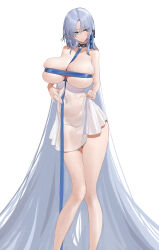 Rule 34 | 1girl, absurdly long hair, absurdres, alsace (azur lane), azur lane, bare arms, bare legs, bare shoulders, between breasts, blue eyes, blue hair, blue nails, blue ribbon, breast ribbon, breastless clothes, breasts, cleavage, closed mouth, covered navel, detached collar, dress, feet out of frame, fendai, hair between eyes, hair ribbon, hand on own stomach, highres, holding, holding clothes, holding dress, huge breasts, long hair, long legs, looking to the side, nail polish, no panties, parted bangs, raised eyebrow, ribbon, ribbon between breasts, see-through, see-through dress, skindentation, solo, thighs, very long hair, white background, white dress