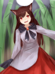 Rule 34 | 1girl, animal ears, bamboo, bamboo forest, brown hair, dress, forest, full moon, highres, imaizumi kagerou, long hair, moon, nature, night, red eyes, shone, touhou, wolf ears