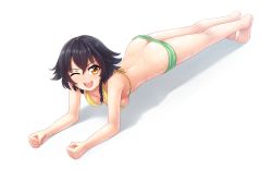 Rule 34 | 1girl, all fours, aposine, ass, bikini, bikini shorts, black hair, blush, braid, breasts, butt crack, cleavage, clenched hands, female focus, girls und panzer, green shorts, looking at viewer, medium breasts, no panties, one eye closed, open mouth, pepperoni (girls und panzer), shadow, shiny skin, short hair, shorts, simple background, smile, solo, sweat, swimsuit, teeth, tongue, upper teeth only, white background
