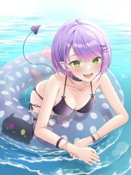 1girl absurdres barefoot bikini black_bikini blush bracelet breasts collarbone demon_tail ear_piercing earrings fang green_eyes hair_ornament hairpin halterneck heart_o-ring highres hololive jewelry mt_mozuku open_mouth piercing purple_hair short_hair solo string_bikini swim_ring swimsuit tail tail_ornament tokoyami_towa virtual_youtuber water wet