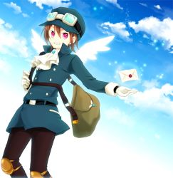 Rule 34 | 1boy, bad id, bad pixiv id, bag, brown eyes, cloud, ascot, day, gem, gloves, goggles, goma (11zihisin), grin, highres, letter, mailman, male focus, original, outdoors, pink eyes, short hair, sky, smile, solo, wings