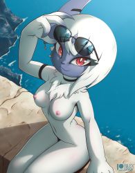 Rule 34 | 1girl, absol, absurdres, body fur, breasts, claws, creatures (company), eyelashes, fewer digits, furry, furry female, game freak, gen 3 pokemon, highres, horns, nintendo, nipples, nude, personification, pokemon, red eyes, rilex lenov, sunglasses, tail, white fur, white hair