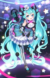 Rule 34 | 1girl, :d, aqua hair, asymmetrical footwear, asymmetrical legwear, bare shoulders, black footwear, black pantyhose, blue eyes, blue vest, blush, bow, breasts, commentary request, facial mark, gloves, hair between eyes, hair intakes, hair ornament, hat, hatsune miku, highres, holding, holding microphone, long hair, looking at viewer, magical mirai (vocaloid), magical mirai miku, magical mirai miku (2019), microphone, mini hat, mini top hat, mismatched footwear, mismatched legwear, open mouth, outstretched arm, pantyhose, purple bow, reel (riru), round teeth, shirt, shoes, sidelocks, skirt, small breasts, smile, solo, standing, standing on one leg, star (symbol), striped clothes, striped legwear, striped pantyhose, teeth, tilted headwear, top hat, twintails, upper teeth only, vertical-striped clothes, vertical-striped pantyhose, very long hair, vest, vocaloid, white footwear, white gloves, white hat, white shirt, white skirt