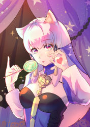 Rule 34 | 1girl, animal ears, breasts, cat ears, choker, cleavage, detached sleeves, fire emblem, fire emblem: three houses, hair ornament, heart, highres, holding, long hair, long sleeves, looking at viewer, lysithea von ordelia, medium breasts, nintendo, purple choker, red eyes, riou (pooh920), silver hair, solo, tongue, tongue out, upper body, white sleeves