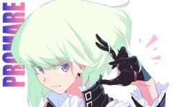 Rule 34 | ascot, bad id, bad twitter id, black gloves, black jacket, copyright name, earrings, gloves, green hair, half gloves, jacket, jewelry, lio fotia, looking at viewer, male focus, pira 811, portrait, promare, purple eyes, smile, solo, white background