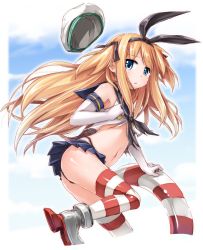 Rule 34 | 1girl, :&lt;, black panties, blonde hair, blue eyes, blush, boots, borrowed character, cosplay, elbow gloves, gloves, grey footwear, hair ribbon, hairband, hat, highleg, highleg panties, highres, innertube, kantai collection, long hair, looking at viewer, moegi nenene, navel, original, panties, ribbon, shimakaze (kancolle), shimakaze (kancolle) (cosplay), shimotsuki potofu, skirt, solo, striped clothes, striped thighhighs, swim ring, thighhighs, torn clothes, twintails, two side up, underwear, white gloves