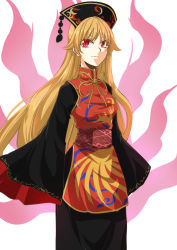 Rule 34 | 1girl, blonde hair, chinese clothes, hat, highres, junko (touhou), kakao (noise-111), long hair, red eyes, simple background, solo, touhou, wide sleeves