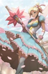 Rule 34 | 1girl, alternate costume, aqua dress, asymmetrical legwear, blonde hair, blue eyes, breasts, cleavage, dress, earrings, feet out of frame, flower, frilled dress, frills, hair flower, hair ornament, hair ribbon, highres, holding, holding staff, jewelry, medium breasts, mercy (overwatch), mole, mole on breast, mynare, overwatch, overwatch 1, petals, pink ribbon, ponytail, puffy short sleeves, puffy sleeves, ribbon, short sleeves, smile, solo, staff, thighhighs, uneven legwear, white flower, white thighhighs