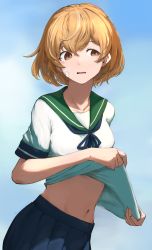 Rule 34 | 1girl, absurdres, bandaid, bandaid on face, blue skirt, brown eyes, brown hair, clothes lift, commentary request, cowboy shot, facing viewer, green sailor collar, highres, kantai collection, lifted by self, oboro (kancolle), pleated skirt, sailor collar, school uniform, serafuku, shirt lift, short hair, sideways glance, skirt, solo, umibudou