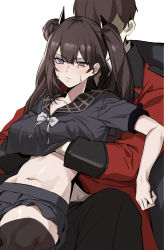 Rule 34 | 1boy, 1girl, absurdres, banssee, black hair, black shirt, black skirt, black thighhighs, blush, grabbing another&#039;s breast, closed mouth, commander (girls&#039; frontline), crop top, girls&#039; frontline, grabbing, griffin &amp; kryuger military uniform, hair between eyes, hetero, highres, long hair, long sleeves, navel, ouroboros (girls&#039; frontline), pants, purple eyes, school uniform, serafuku, shirt, short sleeves, simple background, skirt, solo focus, thighhighs, twintails, white background