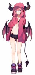 Rule 34 | 1girl, arm at side, bare legs, bikini, black bikini, black footwear, black shorts, breasts, cleavage, closed mouth, collarbone, demon girl, demon horns, demon tail, demon wings, expressionless, full body, groin, highleg, highleg bikini, hood, hooded jacket, horns, jacket, long hair, long sleeves, looking at viewer, navel, open clothes, open jacket, original, pink hair, pointy ears, purple eyes, shoes, short shorts, shorts, shugao, sidelocks, simple background, sleeves past fingers, sleeves past wrists, small breasts, solo, standing, stomach, swimsuit, tail, thighs, white background, wings