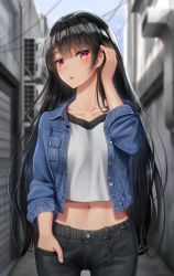 Rule 34 | adjusting hair, bad id, bad twitter id, black hair, blue sky, blurry, blurry background, blush, breasts, casual, cityscape, collarbone, cowboy shot, crop top, day, denim, denim jacket, hand in pocket, highres, jacket, long hair, medium breasts, midriff, navel, open clothes, open jacket, original, outdoors, pants, red eyes, shirt, sidelocks, sky, stomach, superpig, very long hair, white shirt