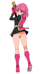 Rule 34 | 1girl, ass, black dress, boots, circlet, commentary request, dragon quest, dragon quest dai no daibouken, dress, from behind, full body, gloves, gun, haga yui, handgun, highres, holding, holding gun, holding weapon, knee boots, kneepits, looking away, looking back, maam, medium hair, no panties, parted lips, pink footwear, pink gloves, pink hair, purple eyes, short dress, smile, solo, standing, weapon