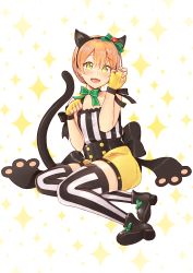 Rule 34 | 10s, 1girl, absurdres, ameyame, animal ears, bad id, bad pixiv id, bare arms, cat ears, cat tail, choker, collarbone, fake animal ears, fang, fingerless gloves, gloves, highres, hoshizora rin, kemonomimi mode, light brown hair, love live!, love live! school idol festival, love live! school idol project, open mouth, paw pose, ribbon choker, sash, shirt, shorts, sitting, sleeveless, sleeveless shirt, smile, solo, striped clothes, striped thighhighs, tail, thighhighs, wrist bow, yellow eyes, yellow gloves