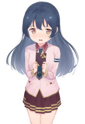Rule 34 | 1girl, blue hair, blush, box, commentary request, cowboy shot, eichisu, embarrassed, gift, gift box, heart, highres, holding, holding gift, incoming gift, long hair, long sleeves, looking at viewer, love live!, love live! school idol project, necktie, open mouth, simple background, skirt, solo, sonoda umi, swept bangs, white background, yellow eyes