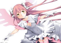 Rule 34 | 1girl, absurdly long hair, absurdres, blush, bow, choker, cleavage cutout, closed mouth, clothing cutout, collarbone, commentary request, cropped jacket, dated, dress, frilled dress, frills, gloves, hair bow, high-low skirt, highres, jacket, kaname madoka, layered dress, layered sleeves, leaning forward, light smile, long hair, looking at viewer, low neckline, mahou shoujo madoka magica, mattie sakuraebi, navel, outstretched arms, pink gemstone, pink hair, pink thighhighs, pink wings, shaft (company), short sleeves, signature, space print, starry sky print, thighhighs, twintails, two-sided fabric, two side up, ultimate madoka, very long hair, white background, white bow, white choker, white dress, white gloves, white jacket, wide sleeves, wings, yellow eyes