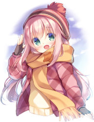 Rule 34 | 1girl, :d, beanie, black gloves, blush, brown jacket, brown scarf, brown sweater, cloud, commentary request, cropped torso, day, down jacket, fingerless gloves, fringe trim, gloves, green eyes, hair between eyes, hand up, hat, head tilt, jacket, kagamihara nadeshiko, long hair, long sleeves, looking at viewer, open clothes, open jacket, open mouth, pink hair, red hat, scarf, sidelocks, smile, solo, sweater, upper body, very long hair, yukie (peach candy), yurucamp