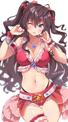Rule 34 | 1girl, ahoge, arm garter, bare shoulders, belt, blue eyes, blurry, breasts, brown hair, cleavage, cowboy shot, crop top, dated, hair ornament, hands up, highleg, highres, ichinose shiki, idolmaster, idolmaster cinderella girls, jewelry, large breasts, long hair, looking at viewer, midriff, navel, necklace, one eye closed, parted lips, red shirt, red shorts, see-through, shirt, short shorts, shorts, simple background, skindentation, sleeveless, sleeveless shirt, smile, solo, stomach, thigh gap, thigh strap, thighs, trente, two side up, wavy hair, white background, wrist cuffs