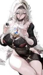 Rule 34 | 1girl, aponia (honkai impact), black dress, blue eyes, breasts, brown hair, cleavage, closed mouth, dress, hair between eyes, highres, honkai (series), honkai impact 3rd, large breasts, long hair, long sleeves, looking at viewer, mole, mole under eye, nun, simple background, smile, solo, veil, white background, xiaoluo xl