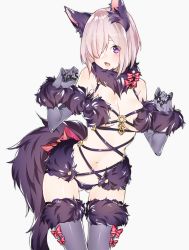 Rule 34 | 1girl, breasts, cleavage, cowboy shot, elbow gloves, fang, fate/grand order, fate (series), fur-trimmed gloves, fur-trimmed legwear, fur collar, fur trim, gloves, grey background, hair over one eye, hands up, large breasts, light purple hair, looking at viewer, mash kyrielight, mash kyrielight (dangerous beast), navel, o-ring, o-ring top, official alternate costume, open mouth, purple eyes, purple gloves, purple thighhighs, short hair, sidelocks, silver hair, simple background, sino42, solo, thigh gap, thighhighs, thighs