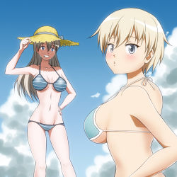 Rule 34 | 2girls, bikini, blue bikini, blue eyes, blush, brave witches, breasts, cloud, collarbone, eila ilmatar juutilainen, grin, groin, hand on headwear, hand on own hip, hat, hiro yoshinaka, large breasts, long hair, looking at viewer, looking back, multiple girls, navel, nikka edvardine katajainen, outdoors, parted lips, shiny skin, short hair, sky, smile, straw hat, strike witches, striped bikini, striped clothes, swimsuit, teeth, white hair, world witches series