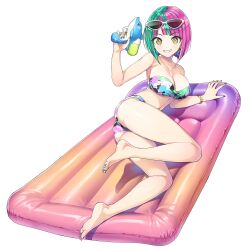 Rule 34 | 1girl, ass, barefoot, bikini, bracelet, breasts, brown eyes, cleavage, collarbone, dolphin wave, earrings, feet, full body, green hair, grin, helly lewis, highres, holding, holding water gun, inflatable raft, jewelry, large breasts, looking at viewer, lying, multicolored bikini, multicolored clothes, multicolored hair, multicolored nails, nail polish, official art, on side, pink hair, smile, soles, solo, swimsuit, toenail polish, toenails, toes, transparent background, two-tone hair, water gun