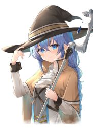 Rule 34 | 1girl, blue eyes, blue hair, braid, braided ponytail, capelet, hair between eyes, hand on headwear, hat, highres, kanaria hisagi, long hair, looking at viewer, mushoku tensei, roxy migurdia, simple background, solo, staff, white background, witch hat, wrist cuffs