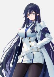Rule 34 | 1girl, a (sofi3103), absurdres, belt, black hair, blue archive, blue eyes, breasts, cowboy shot, glasses, gloves, highres, large breasts, long hair, long sleeves, pointy ears, rin (blue archive), signature, simple background, solo, white background, white belt, white gloves