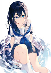 Rule 34 | 1girl, achiki, blue eyes, blue hair, blue neckerchief, blue sailor collar, blue skirt, breasts, closed mouth, expressionless, eyelashes, from above, hair between eyes, highres, kneehighs, looking at viewer, looking up, medium hair, miniskirt, neckerchief, original, partially submerged, pleated skirt, sailor collar, school uniform, serafuku, shirt, simple background, sitting, skirt, small breasts, socks, solo, straight hair, thighs, water, white background, white shirt, white socks