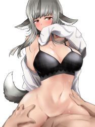 Rule 34 | 1boy, 1girl, animal ears, black bra, blush, bra, breasts, cleavage, covering own mouth, cowgirl position, fire emblem, fire emblem fates, highres, multicolored hair, nintendo, no panties, open clothes, open shirt, red eyes, sex, shirt, silver hair, simple background, straddling, streaked hair, tail, toshimasa, underwear, vaginal, velouria (fire emblem), white background, white shirt, wolf ears, wolf girl, wolf tail