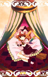 Rule 34 | 1girl, bed, bed sheet, beige background, blonde hair, dress, female focus, flandre scarlet, hat, looking at viewer, lying, mob cap, omuni, on bed, on side, pillow, puffy short sleeves, puffy sleeves, red dress, red eyes, short sleeves, simple background, solo, touhou, wings, wrist cuffs