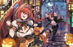 Rule 34 | 2girls, absurdres, animal ears, antenna hair, ascot, bat (animal), black gloves, black pants, bow, breasts, brown hair, cleavage, cleavage cutout, clenched hand, cloak, clothing cutout, commentary, crescent moon, daiwa scarlet (umamusume), dress, ear covers, english commentary, fangs, fingerless gloves, full body, gloves, hair between eyes, hair intakes, hair over one eye, halloween, halloween costume, highres, horse ears, horse girl, horse tail, jack-o&#039;-lantern, large breasts, long sleeves, moon, multicolored hair, multiple girls, night, open cloak, open clothes, outdoors, pants, puffy short sleeves, puffy sleeves, red eyes, running, shirt, short sleeves, single ear cover, single glove, sparkle, streaked hair, striped, striped bow, sylph kim, tail, tiara, umamusume, vampire costume, vodka (umamusume), white ascot, white dress, white shirt