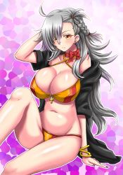 Rule 34 | 1girl, arm support, bare shoulders, bikini, black jacket, blush, bow, bowtie, bracelet, braid, breasts, cleavage, closed mouth, collarbone, criss-cross halter, cross, ear piercing, fate/grand order, fate (series), groin, hair over one eye, halterneck, highres, jacket, jewelry, large breasts, long hair, looking at viewer, nail polish, navel, olga marie animusphere, open clothes, open jacket, piercing, purple nails, red bow, red bowtie, side braid, silver hair, sitting, solo, stomach, swimsuit, takecha, yellow eyes