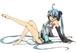 Rule 34 | 1girl, aize, arm support, armpits, ass, barefoot, breasts, covered erect nipples, detached sleeves, full body, green eyes, green hair, hatsune miku, headphones, headset, kneepits, leaning back, leg lift, legs, long hair, long legs, matching hair/eyes, microphone, navel, necktie, open mouth, panties, shirt, simple background, sitting, skirt, sleeveless, sleeveless shirt, small breasts, smile, solo, striped clothes, striped panties, twintails, underwear, very long hair, vocaloid, white background