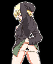 Rule 34 | 00s, 1girl, anus, ass, blonde hair, blue eyes, breasts, censored, erica hartmann, gambler club, nipples, novelty censor, open clothes, open shirt, panties, panty pull, shirt, short hair, small breasts, solo, strike witches, underwear, world witches series