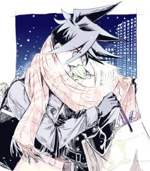 Rule 34 | 2boys, apri bot, blue eyes, blue hair, galo thymos, gloves, green hair, hug, jacket, lio fotia, looking at another, multiple boys, outdoors, promare, purple eyes, scarf, scarf over mouth, winter clothes, yaoi