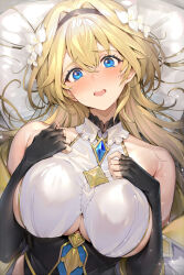 Rule 34 | 1girl, bare shoulders, black gloves, blonde hair, blue eyes, breasts, commentary request, elbow gloves, fingerless gloves, flower, gloves, hair flower, hair ornament, highres, kakage, large breasts, long hair, looking at viewer, lying, on back, open mouth, pillow, solo, underboob, upper body, white flower