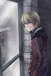 Rule 34 | 1boy, arms at sides, blonde hair, blue eyes, botamochi usagi, buttons, closed mouth, commentary request, end of eternity, expressionless, from side, hair between eyes, highres, hood, hooded jacket, jacket, looking at viewer, male focus, muted color, red jacket, short hair, solo, stone wall, upper body, wall, window, zephyr (end of eternity)