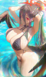 Rule 34 | 1girl, alternate costume, armpits, arms behind head, arms up, bikini, black bikini, black hair, black wings, blue archive, breasts, chromatic aberration, cleavage, closed mouth, covered navel, feathered wings, hair between eyes, halo, hands in hair, hasumi (blue archive), highres, housou-kun, huge breasts, lens flare, lens flare abuse, long hair, long hair between eyes, looking at viewer, mole, mole under eye, o-ring, o-ring bikini, ocean, outdoors, ponytail, red eyes, red halo, sideboob, solo, swimsuit, twitter username, very long hair, wading, water, wet, wings