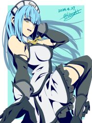 Rule 34 | 1girl, black gloves, blue background, blue hair, blunt bangs, border, dated, detached sleeves, dress, eiyuu densetsu, floating hair, gloves, highres, hime cut, kuro no kiseki, long hair, looking at viewer, maid headdress, necktie, open mouth, risette twinings, sidelocks, signature, simple background, smile, solo, thighhighs, tinybiard, twitter username, white border, yellow eyes