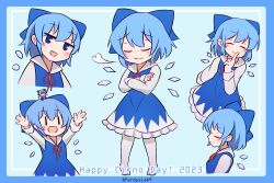 Rule 34 | 1girl, :d, blue background, blue bow, blue dress, blue hair, bow, cirno, cirno day, closed eyes, commentary, detached wings, dress, english commentary, english text, ferdy&#039;s lab, hair bow, highres, ice, ice wings, mini person, minigirl, multiple views, on head, open mouth, person on head, short hair, simple background, smile, touhou, wings