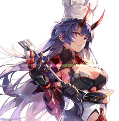 Rule 34 | 1girl, armor, bare shoulders, blunt bangs, breasts, chef hat, cleavage, floating hair, gauntlets, gloves, hat, highres, holding, holding spatula, honkai (series), honkai impact 3rd, horns, large breasts, long hair, looking at viewer, oni horns, parted lips, purple eyes, purple hair, raiden mei, raiden mei (herrscher of thunder), red horns, sidelocks, solo, spatula, very long hair, zomzomzomsauce