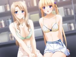 Rule 34 | 2girls, age difference, blonde hair, blue eyes, blush, bow, bow bra, bra, breasts, brown hair, cleavage, cube hair ornament, game cg, green bra, hair ornament, kani biimu, large breasts, lingerie, mother and daughter, mukai mana, mukai yumiko, multiple girls, nami no manimani, sitting, striped bra, striped clothes, swimsuit, twintails, underwear, vertical-striped bra, vertical-striped clothes, yellow bra