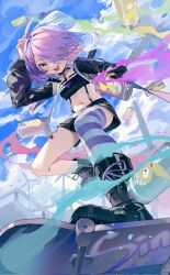 Rule 34 | 1girl, :d, ahoge, benghuai xueyuan, black footwear, black jacket, black shorts, black tube top, blue sky, boots, cloud, cloudy sky, dress, full body, hair over one eye, highres, holding, homu (honkai impact), honkai (series), jacket, looking at viewer, multicolored hair, open clothes, open jacket, open mouth, outdoors, pink hair, purple dress, purple thighhighs, sharp teeth, shorts, sin mal, sin mal0909, single thighhigh, skateboard, sky, smile, solo, standing, standing on one leg, strapless, striped clothes, striped thighhighs, teeth, thighhighs, tube top, two-tone hair, white thighhighs, yellow eyes