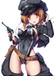 Rule 34 | 1girl, alternate costume, belt, between breasts, black hat, black leotard, black necktie, blush, boko (girls und panzer), breasts, brown belt, brown eyes, brown hair, chaps, coat, commentary, cowboy shot, dai toro, frown, girls und panzer, gluteal fold, grey coat, groin, gun, hand on headphones, handgun, hat, headphones, highleg, highleg leotard, highres, holding, holding gun, holding weapon, insignia, leaning to the side, leotard, long sleeves, looking at viewer, luger p08, medium breasts, military hat, necktie, nishizumi miho, open mouth, peaked cap, playboy bunny, pouch, short hair, shrug (clothing), simple background, solo, standing, strapless, strapless leotard, thighs, trigger discipline, weapon, white background, wing collar