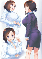 Rule 34 | 1girl, :d, ass, blue eyes, blush, breasts, cleavage, dress shirt, getsuyoubi no tawawa, hair ornament, hairclip, highres, kouhai-chan (tawawa), large breasts, long sleeves, looking at viewer, looking to the side, mole, mole under eye, multiple views, nanase meruchi, office lady, open mouth, shirt, short hair, skirt, smile, unbuttoned, undressing, white shirt