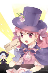 Rule 34 | blunt bangs, bonnet, brooch, cape, closed eyes, crescent conundrum, dandel22, earrings, flower, frills, gloves, hat, holding, jewelry, lowres, open mouth, own hands clasped, own hands together, pink eyes, pink hair, ribbon, sign, sign holding, smile, sword girls, teeth, top hat, white hair