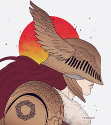 Rule 34 | 1girl, artist name, closed mouth, covered eyes, elden ring, from side, helmet, highres, long hair, malenia blade of miquella, mechanical arms, portrait, profile, prosthesis, prosthetic arm, red hair, revision, single mechanical arm, solo, winged helmet, yanobrk